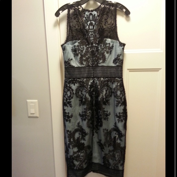 THEIA - Sleeveless Two-Tone Illusion Embroidered Lace Cocktail Dress - Picture 3 of 5